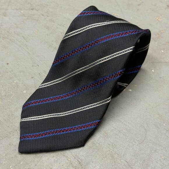 Ermenegildo Zegna Tie Striped 100% Silk Made in Italy Black/Blue Textured 4" - Picture 2 of 7